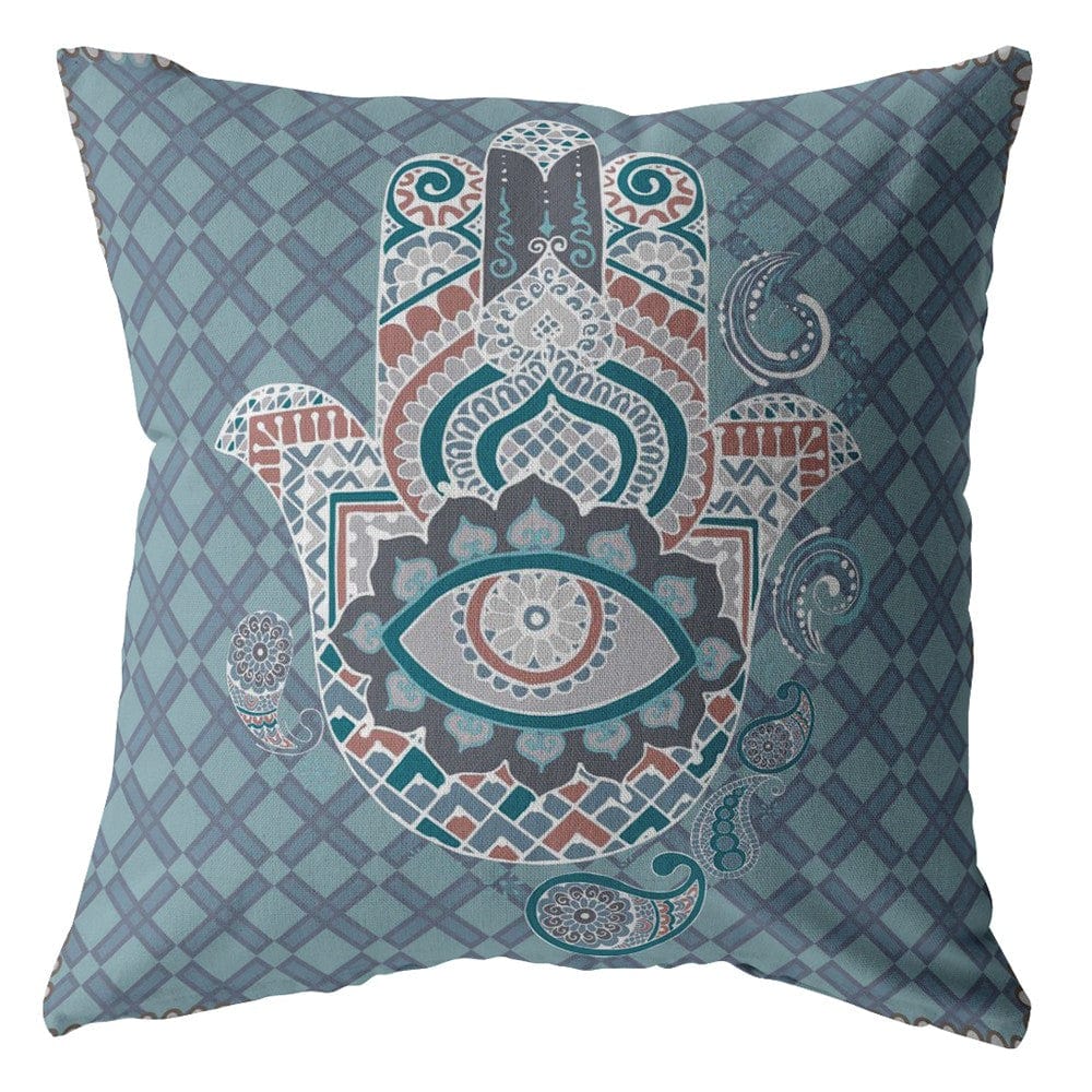 18” Slate Blue Hamsa Suede Zippered Throw Pillow - Homeroots