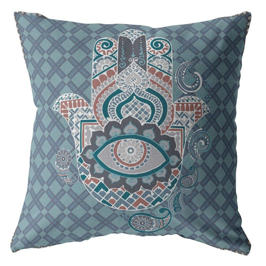 18” Slate Blue Hamsa Suede Zippered Throw Pillow - Homeroots