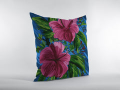 16” Pink Blue Hibiscus Zippered Suede Throw Pillow - Homeroots