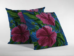 16” Pink Blue Hibiscus Zippered Suede Throw Pillow - Homeroots