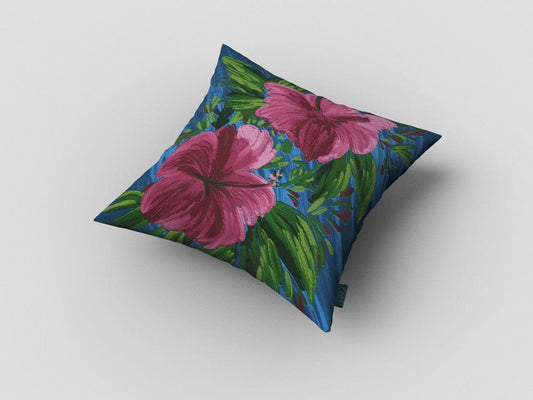 16” Pink Blue Hibiscus Zippered Suede Throw Pillow - Homeroots