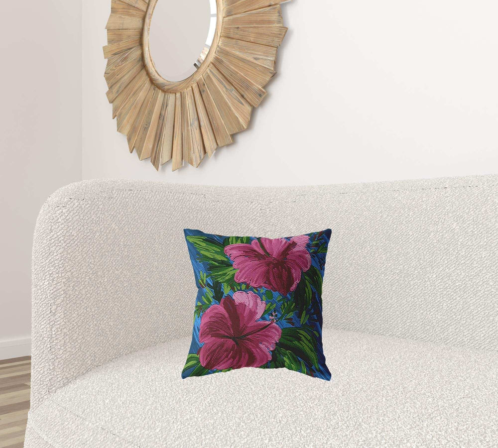 16” Pink Blue Hibiscus Zippered Suede Throw Pillow - Homeroots - Flyclothing LLC