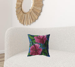 16” Pink Blue Hibiscus Zippered Suede Throw Pillow - Homeroots