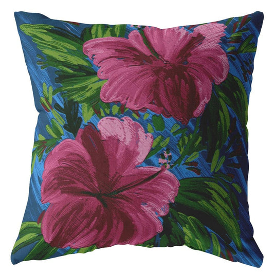 18” Pink Blue Hibiscus Zippered Suede Throw Pillow - Homeroots