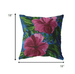 18” Pink Blue Hibiscus Zippered Suede Throw Pillow - Homeroots