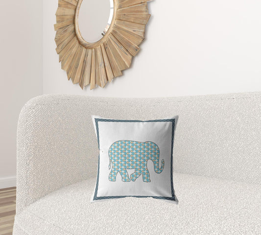 18” Blue White Elephant Zippered Suede Throw Pillow - Homeroots