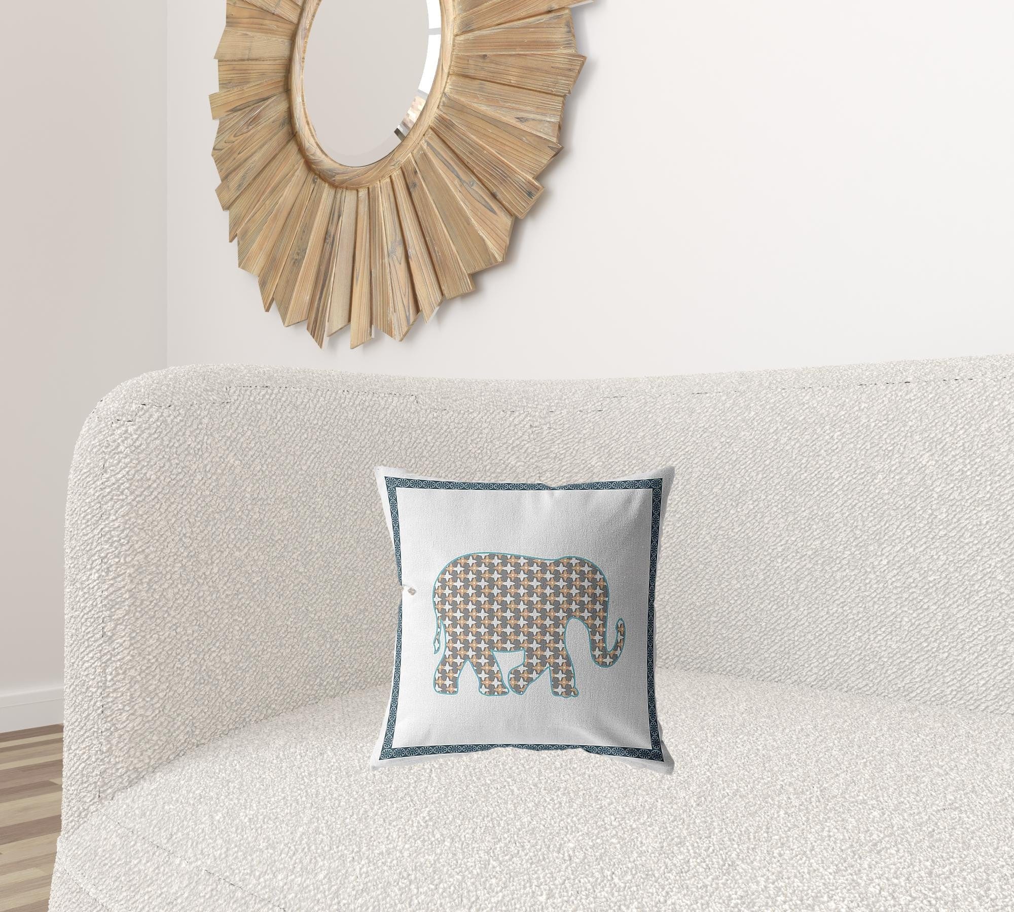 16” Gold White Elephant Zippered Suede Throw Pillow - Homeroots