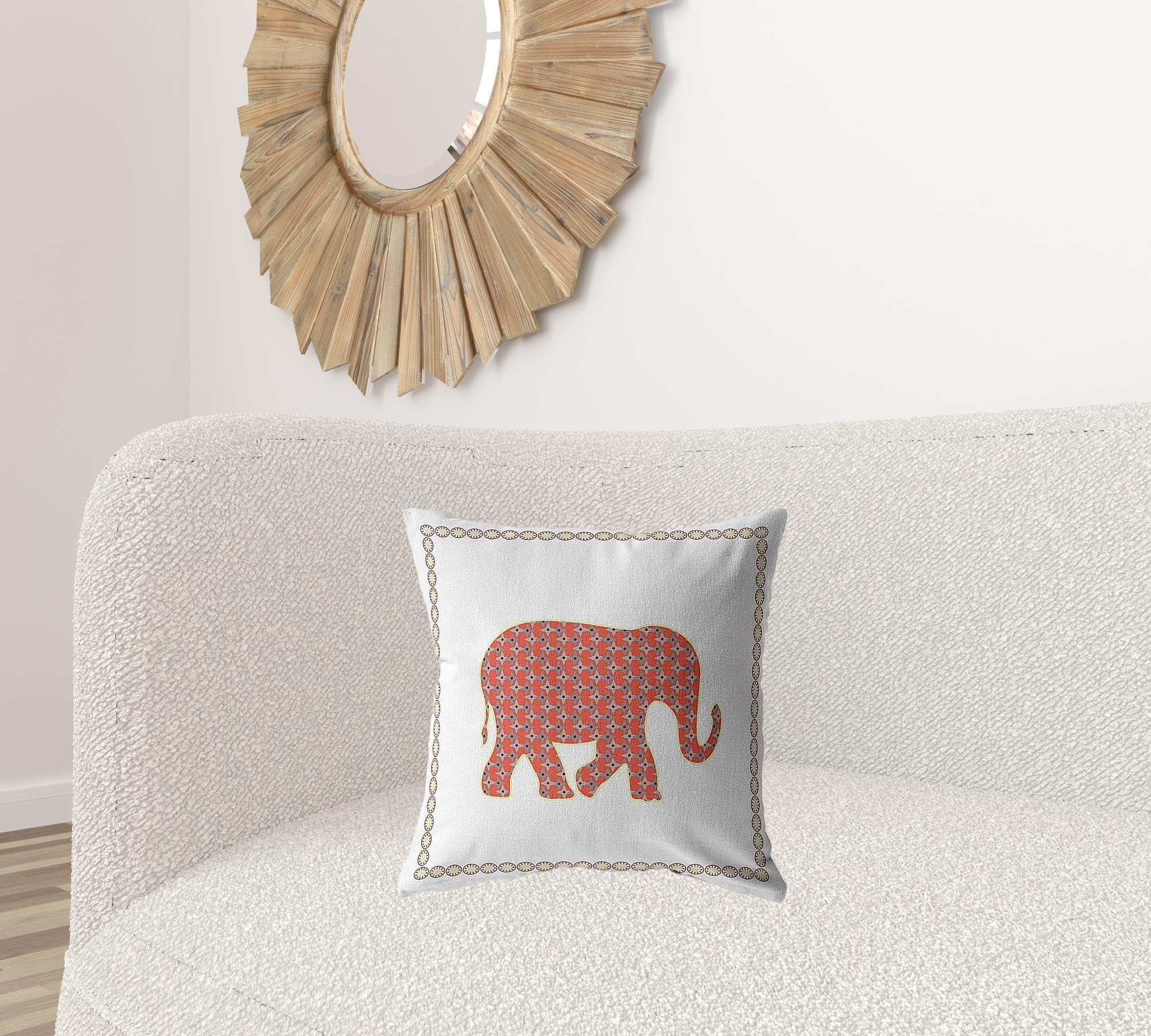 18” Orange White Elephant Zippered Suede Throw Pillow - Homeroots