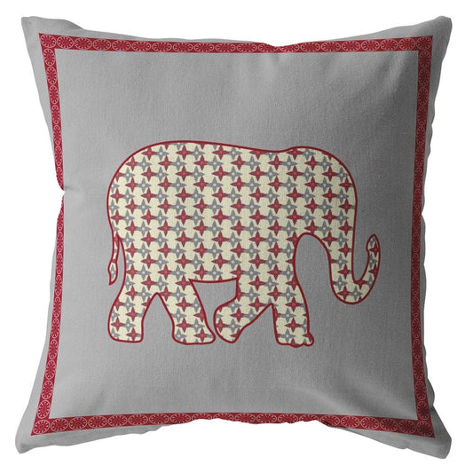 16” Red Gray Elephant Zippered Suede Throw Pillow - Homeroots