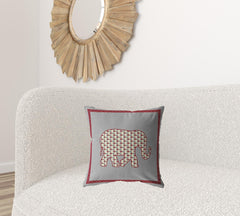 18” Red Gray Elephant Zippered Suede Throw Pillow - Homeroots