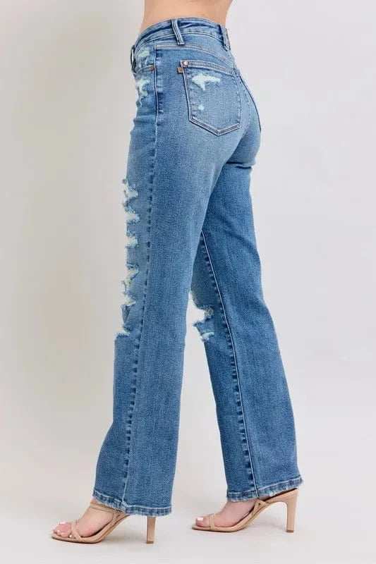 Judy Blue Full Size High Waist Heavy Destroy Straight Jeans Plus Size - Trendsi - Flyclothing LLC