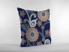 16” Indigo Orange Floral Suede Zippered Throw Pillow - Homeroots