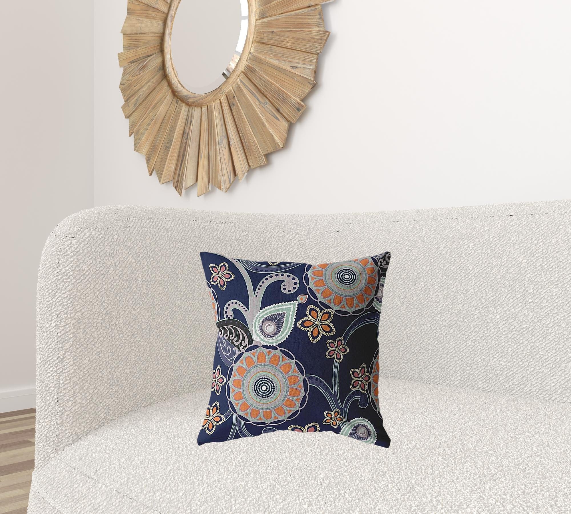 18” Indigo Orange Floral Suede Zippered Throw Pillow - Homeroots
