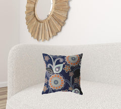 18” Indigo Orange Floral Suede Zippered Throw Pillow - Homeroots