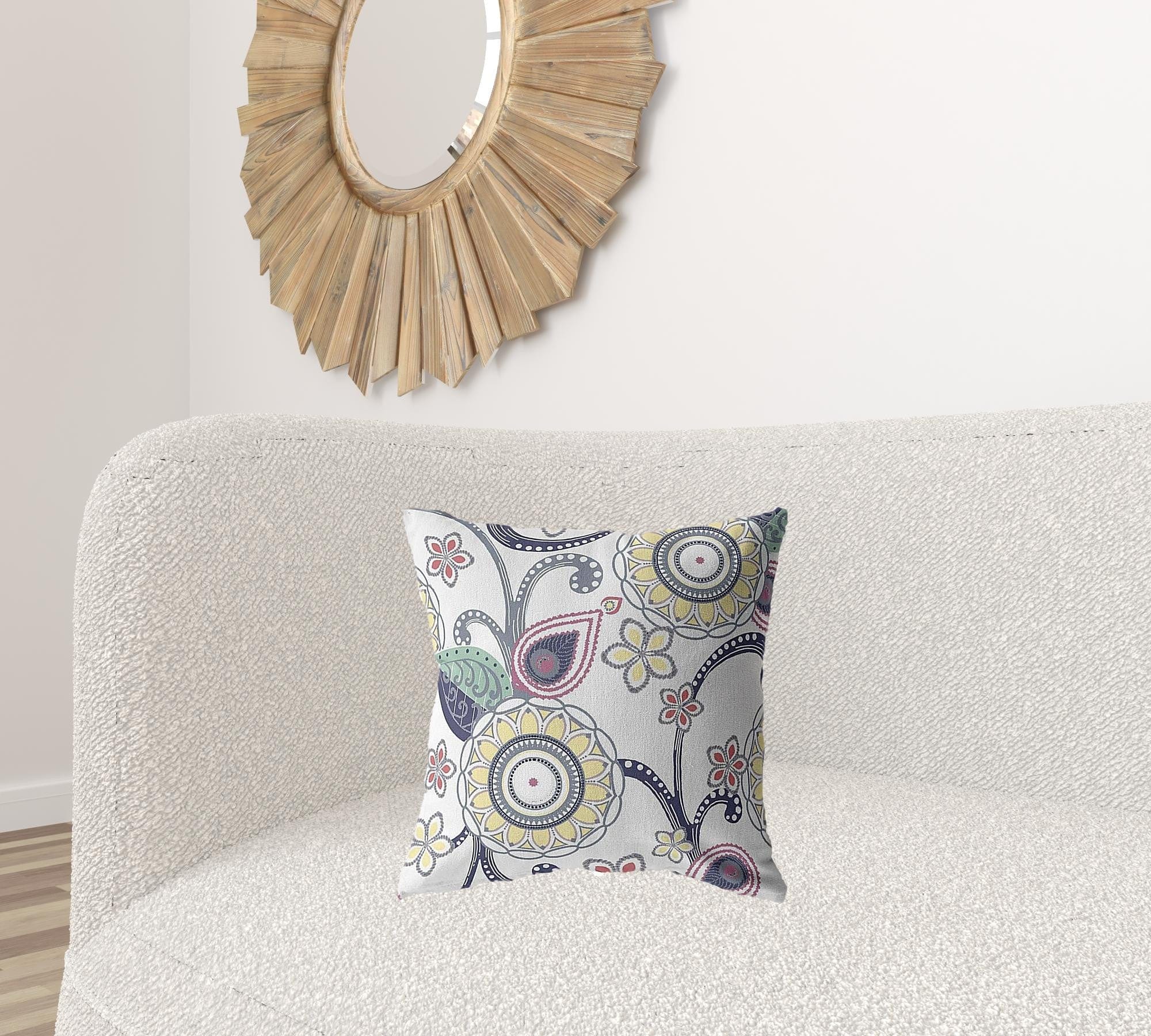 18” White Yellow Floral Suede Zippered Throw Pillow - Homeroots