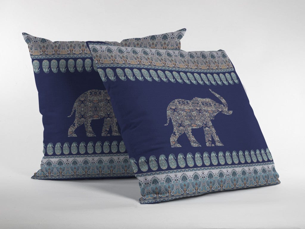 16” Navy Ornate Elephant Zippered Suede Throw Pillow - Homeroots