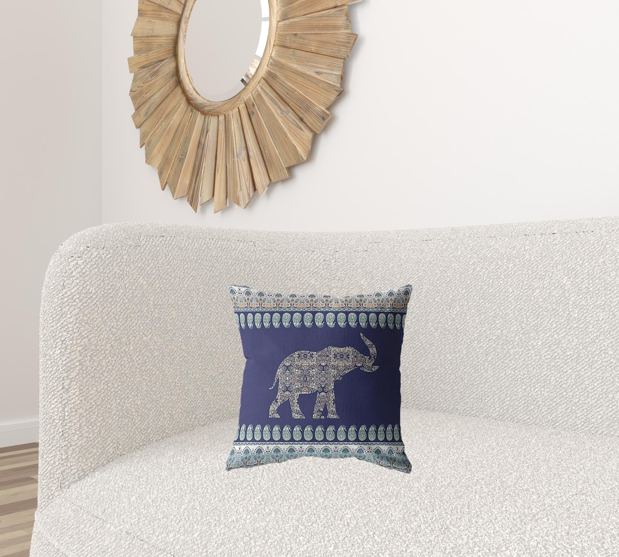 16” Navy Ornate Elephant Zippered Suede Throw Pillow - Homeroots