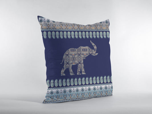 18” Navy Ornate Elephant Zippered Suede Throw Pillow - Homeroots