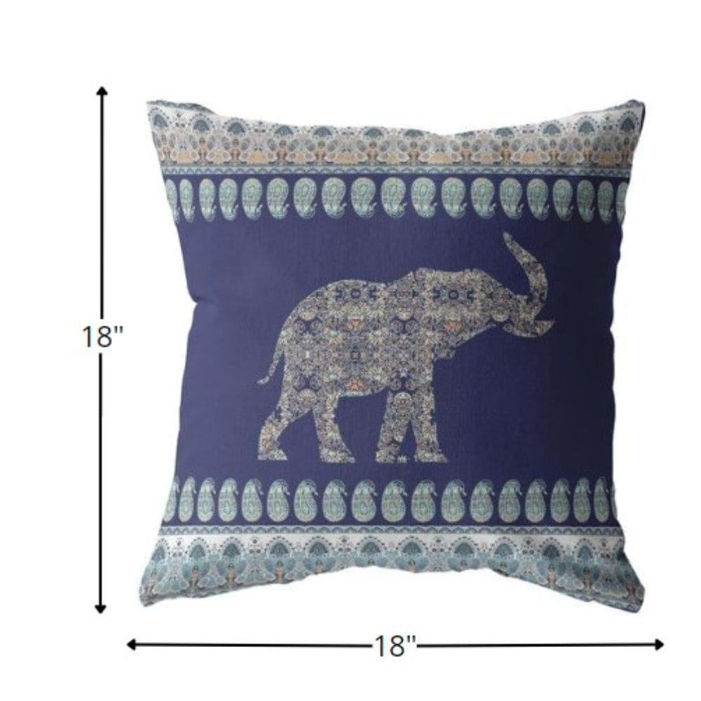 18” Navy Ornate Elephant Zippered Suede Throw Pillow - Homeroots