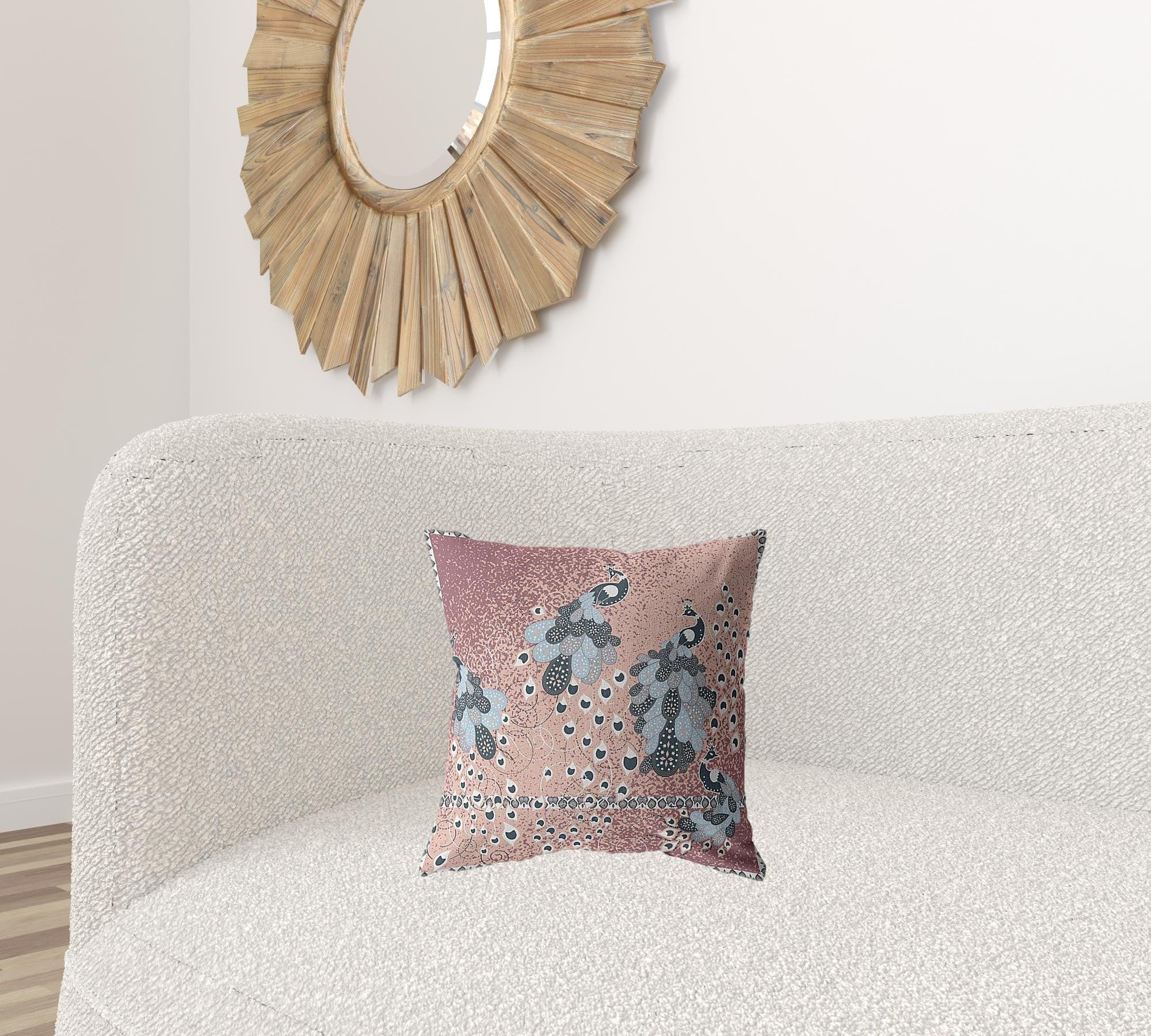 16” Dusty Pink Boho Bird Zippered Suede Throw Pillow - Homeroots