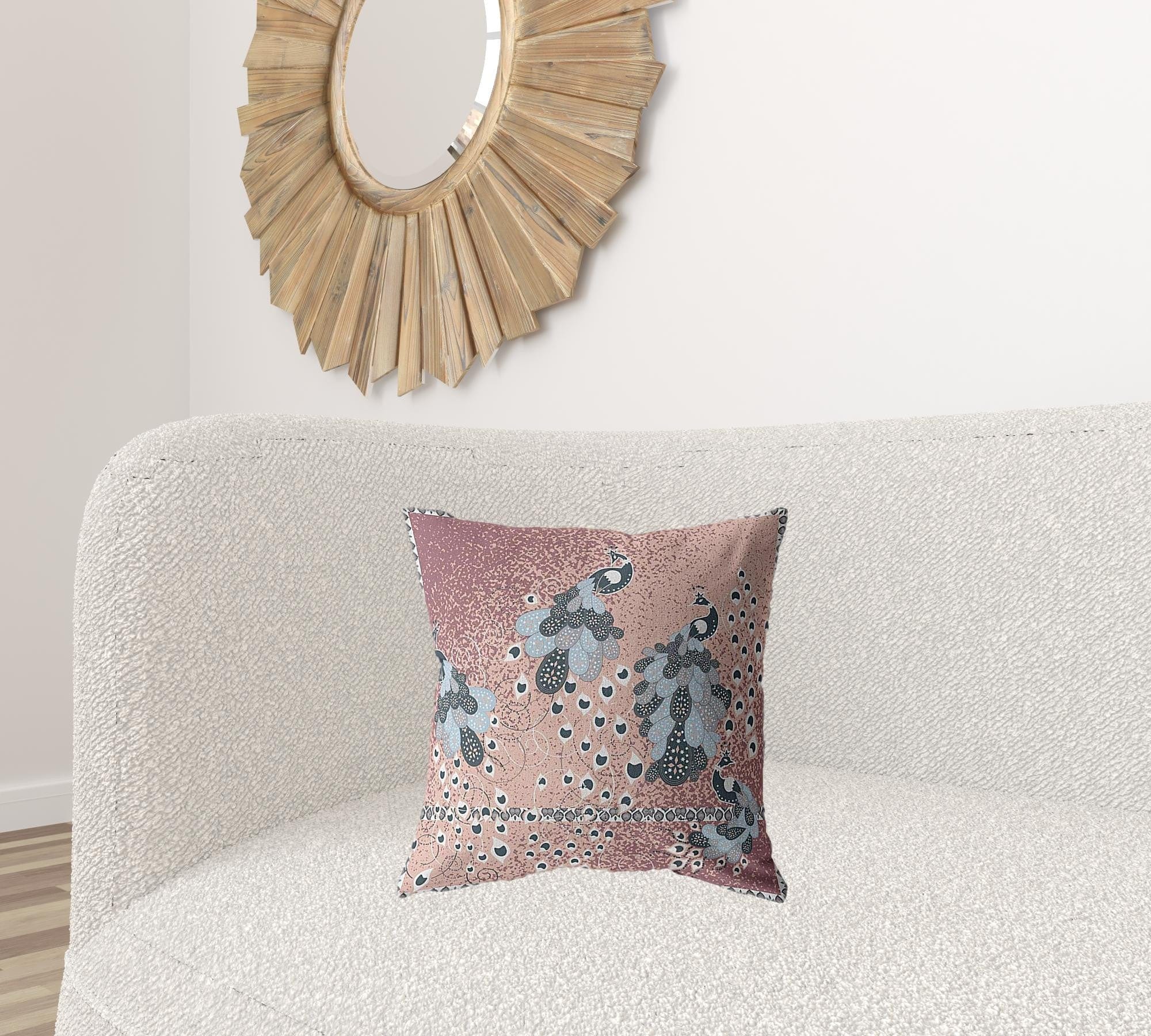 18” Dusty Pink Boho Bird Zippered Suede Throw Pillow - Homeroots