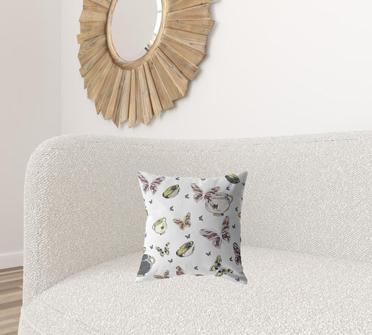 16" White Butterflies Zippered Suede Throw Pillow - Homeroots