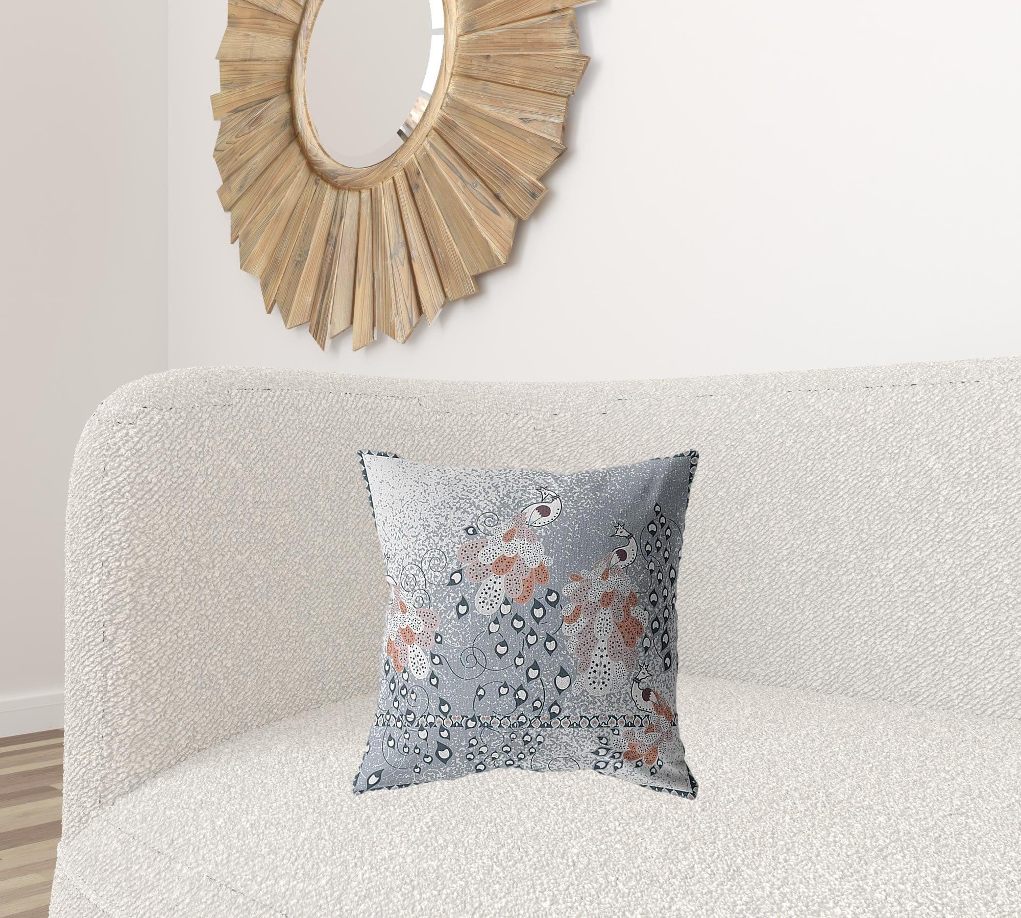 18” Gray Orange Boho Bird Zippered Suede Throw Pillow - Homeroots