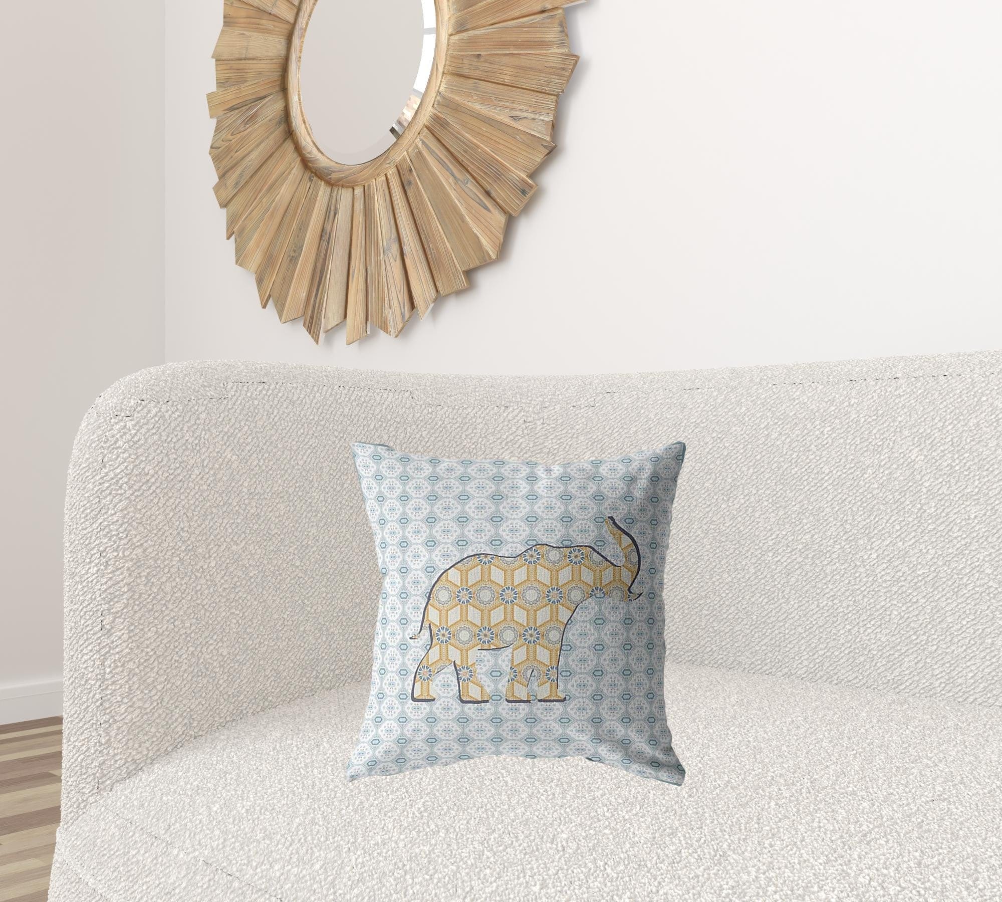 18" Blue Yellow Elephant Zip Suede Throw Pillow - Homeroots