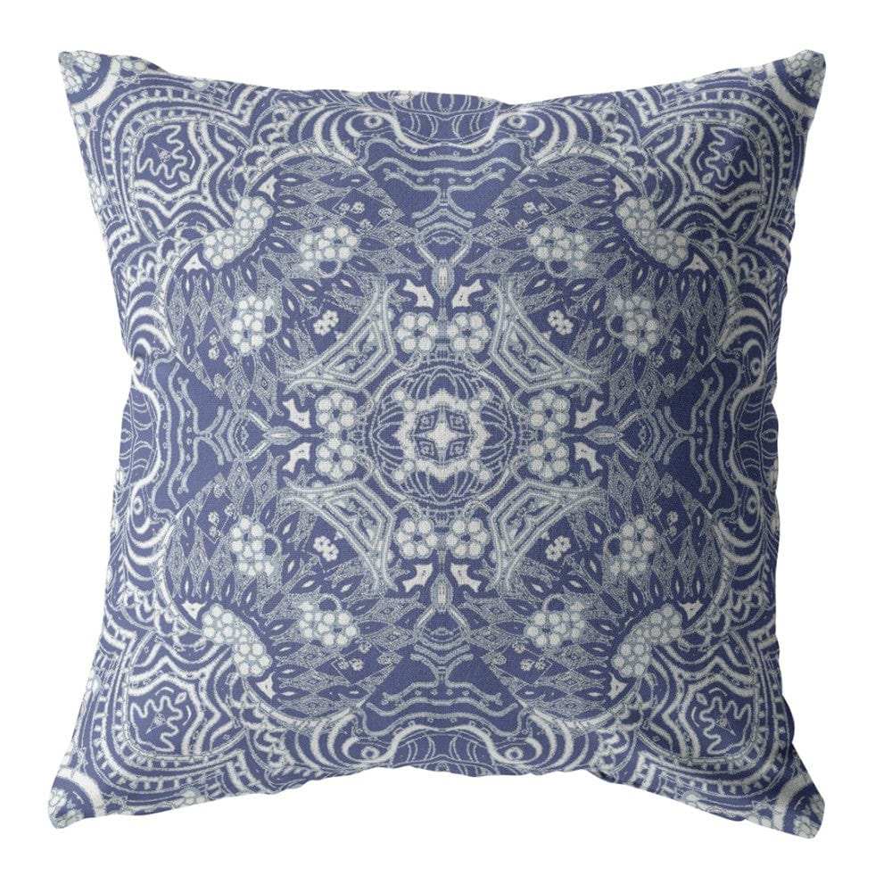 16” Indigo White Boho Ornate Zippered Suede Throw Pillow - Homeroots - Flyclothing LLC