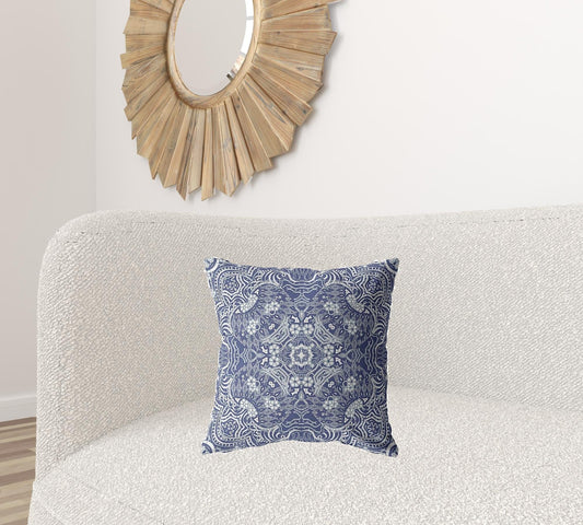 18” Indigo White Boho Ornate Zippered Suede Throw Pillow - Homeroots