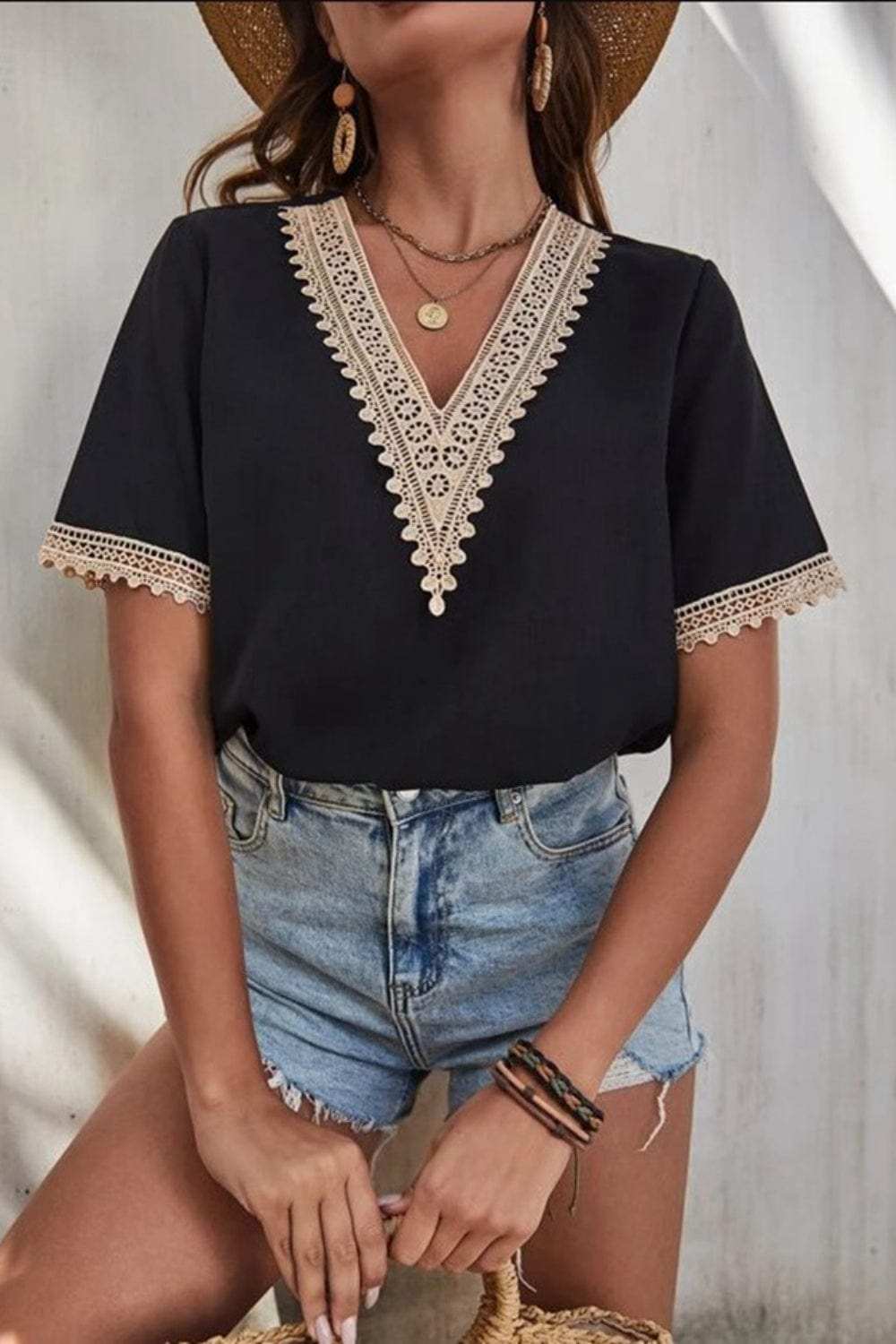 Full Size Lace Detail V-Neck Short Sleeve Blouse - Trendsi - Flyclothing LLC