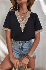 Full Size Lace Detail V-Neck Short Sleeve Blouse - Trendsi