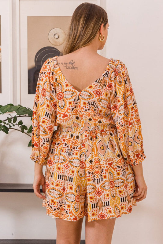 ODDI Full Size Printed Ruff Sleeve Romper with Pockets - Trendsi
