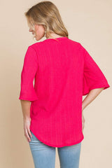 BOMBOM Texture Decorative Button V-Neck Top - Trendsi - Flyclothing LLC