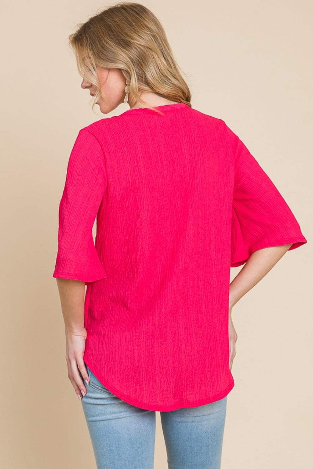 BOMBOM Texture Decorative Button V-Neck Top - Trendsi - Flyclothing LLC