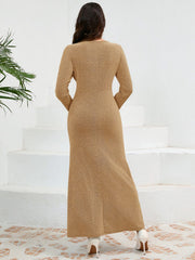 Ruched Round Neck Long Sleeve Dress - Trendsi
