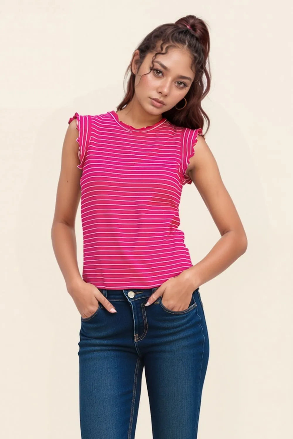 Zenana Ribbed Ruffle Trim Sleeveless Stripe Top - Trendsi