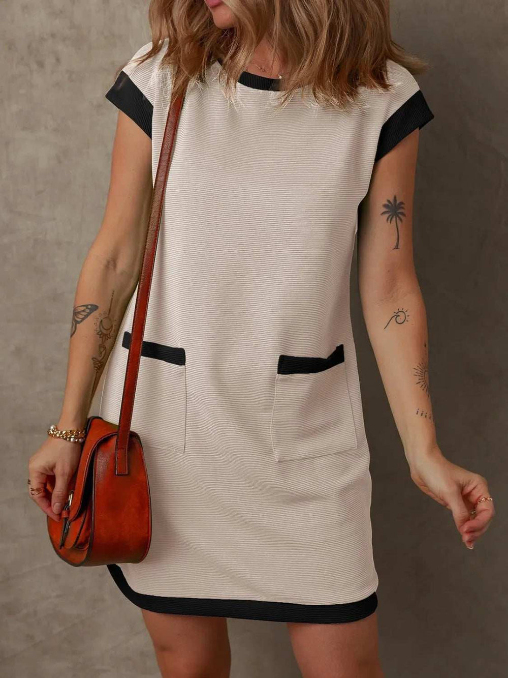 Round Neck Cap Sleeve Mini Dress - Trendsi - Flyclothing LLC