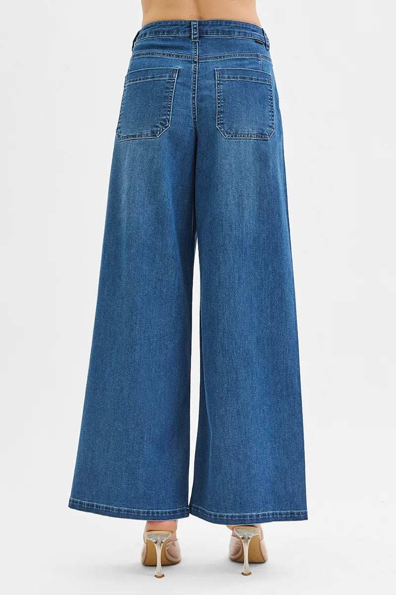 RISEN Mid Rise Fit Wide Leg Knit Denim Look Jeans - Trendsi - Flyclothing LLC