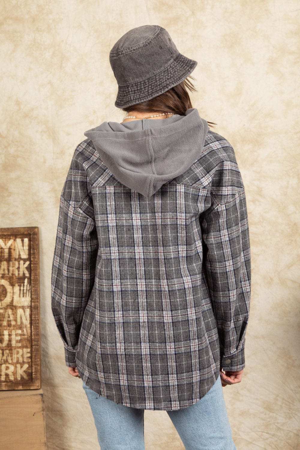 Drawstring Plaid Long Sleeve Hooded Jacket - Trendsi - Flyclothing LLC