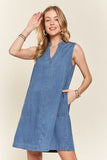 ADORA Notched Sleeveless Denim Dress with Pockets - Trendsi