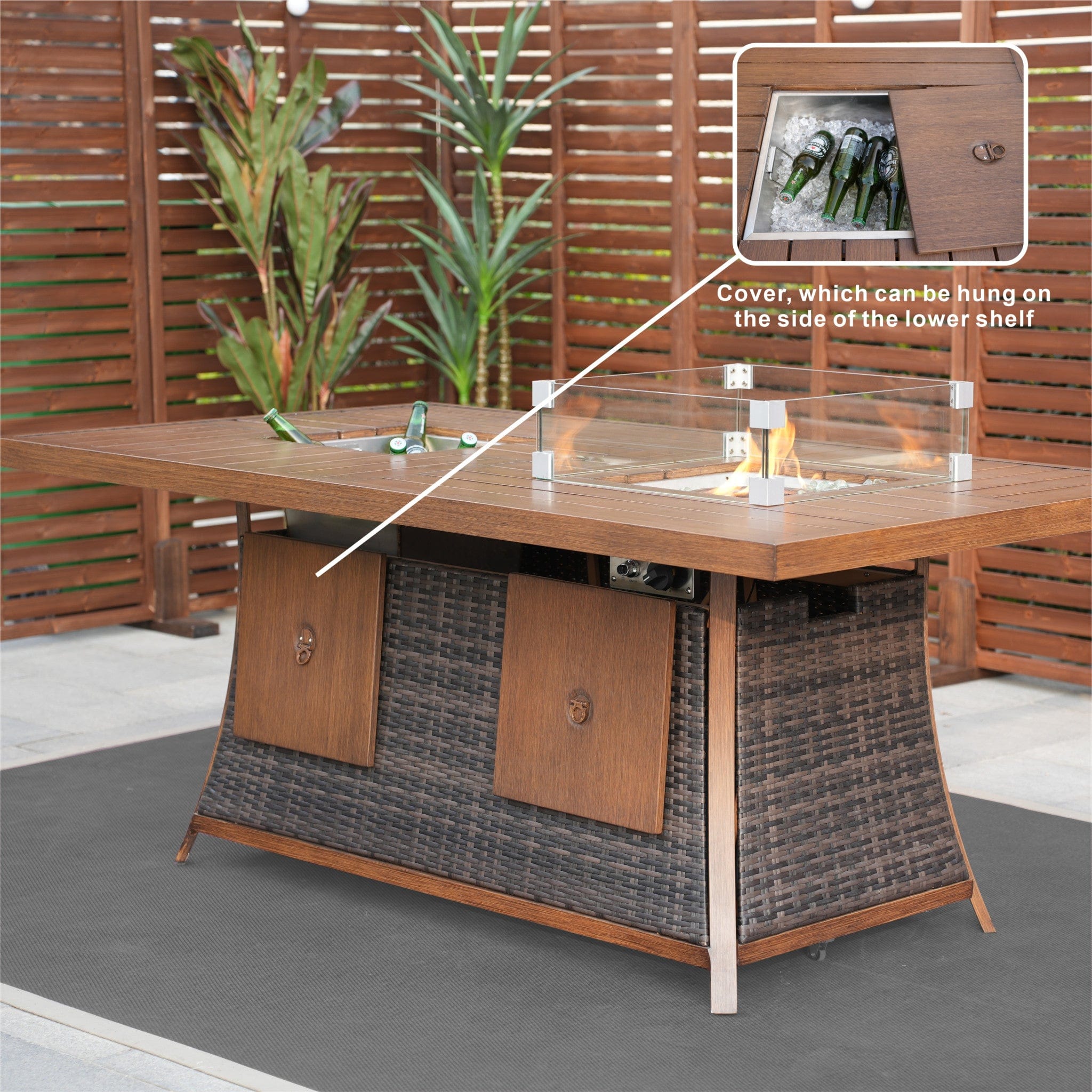 Brown Wicker Outdoor Gas Fire Pit Table with Ice Bucket - Homeroots