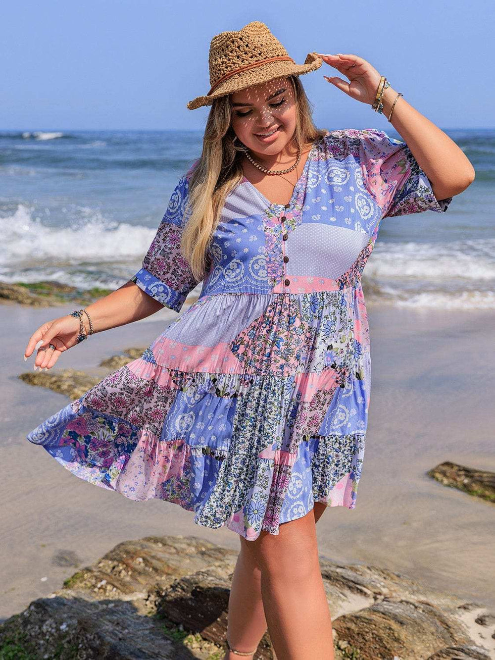 Plus Size Printed V-Neck Tiered Mini Dress - Trendsi - Flyclothing LLC