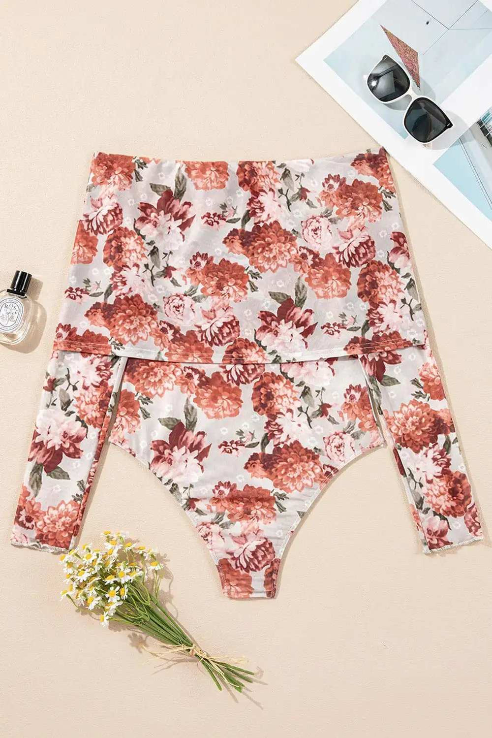 Floral Off-Shoulder Long Sleeve Bodysuit - Trendsi - Flyclothing LLC