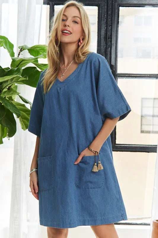 ADORA V-Neck Half Sleeve Mini Denim Dress - Trendsi - Flyclothing LLC