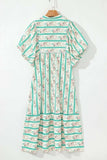 Striped Floral Print Tie Neck Puff Sleeve Midi Dress - Trendsi - Flyclothing LLC