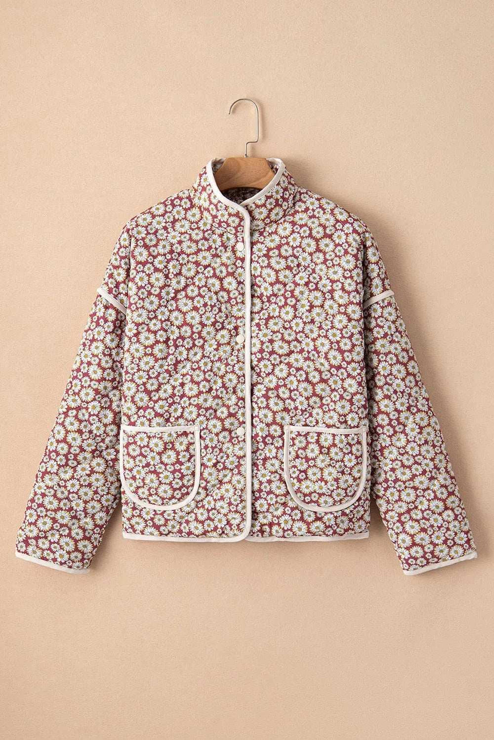Floral Snap Down Mock Neck Coat - Trendsi - Flyclothing LLC