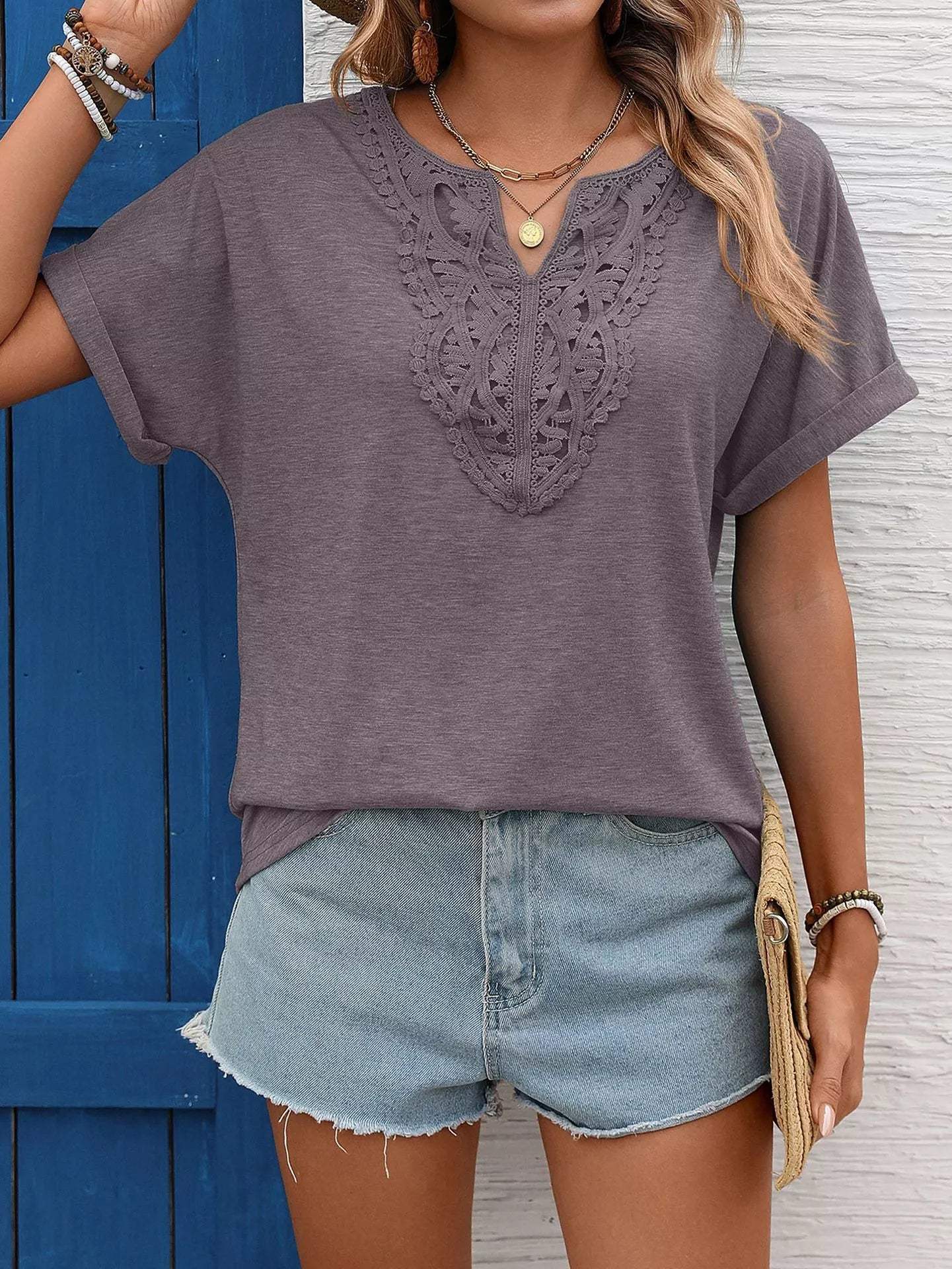 Lace Trim Short Sleeve T-Shirt - Trendsi - Flyclothing LLC