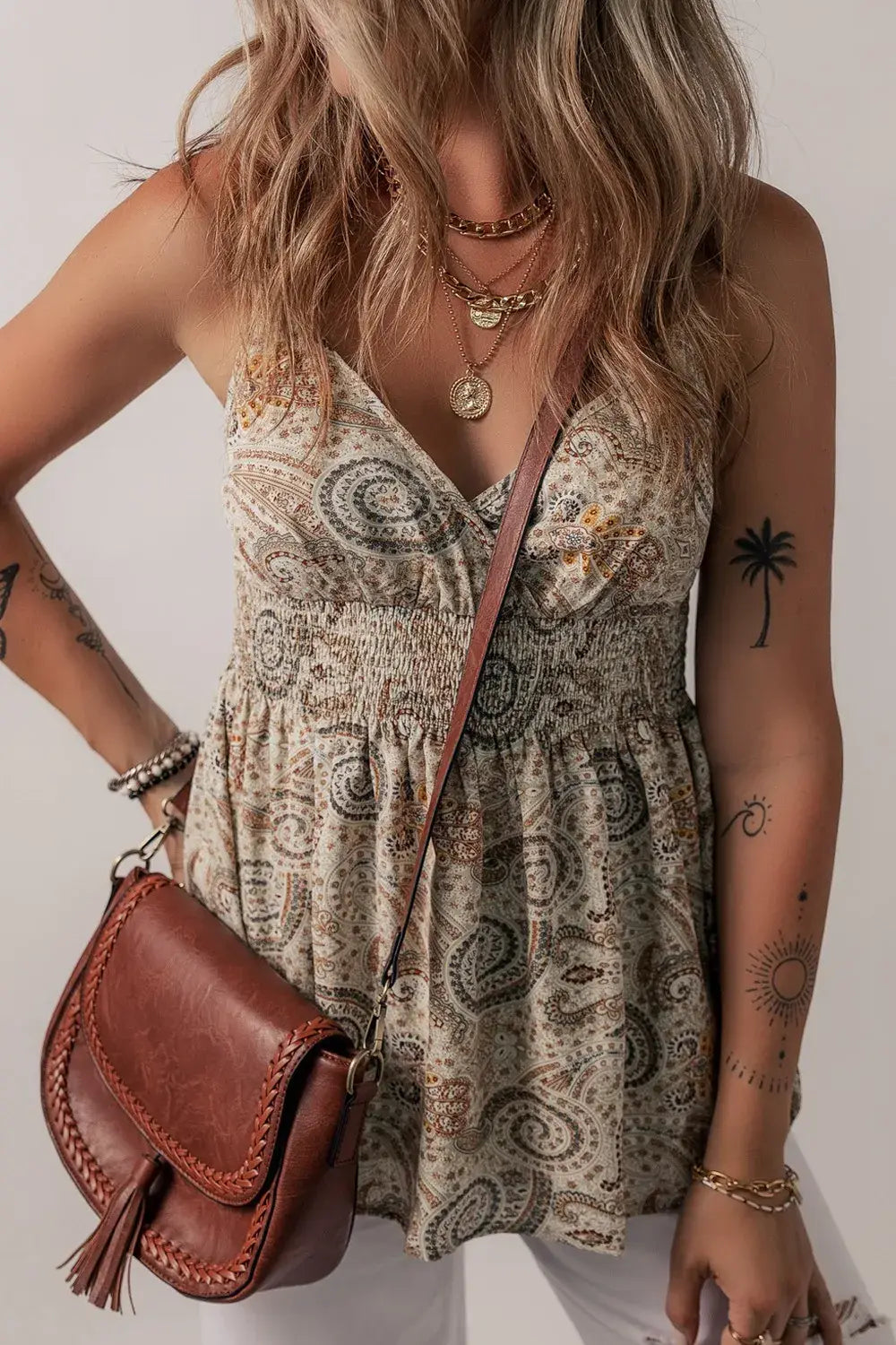 Paisley Printed Smocked Babydoll Cami - Trendsi - Flyclothing LLC