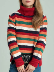 Contrast Stripes Turtleneck Long Sleeve Sweater - Trendsi